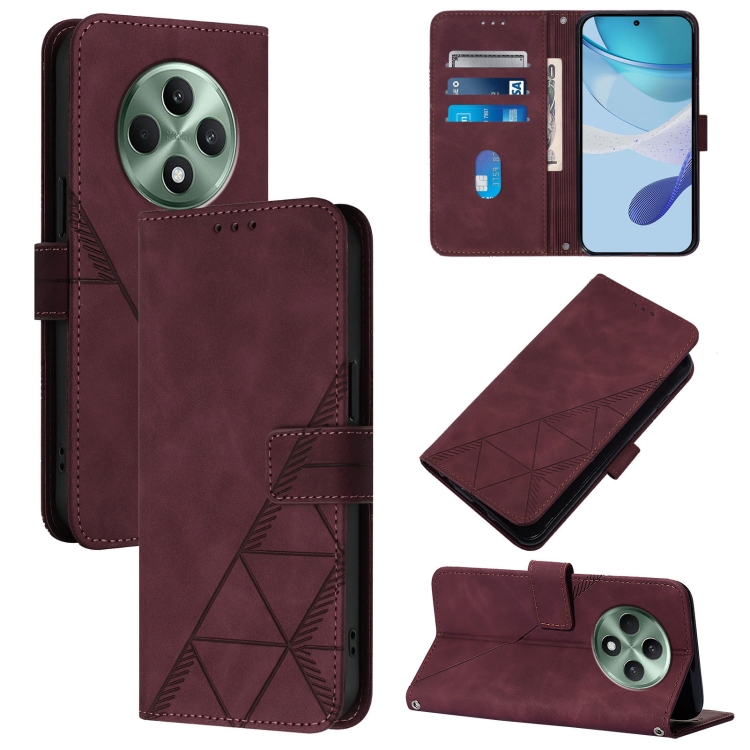 

For OPPO Reno12 F 5G Global Crossbody 3D Embossed Flip Leather Phone Case(Wine Red)