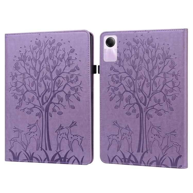 

For Xiaomi Redmi Pad SE Tree & Deer Embossed Leather Tablet Case(Purple)