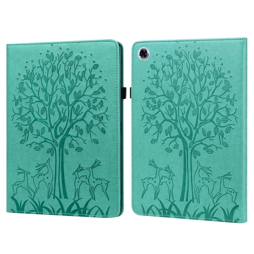 

For Samsung Galaxy Tab A9 Tree & Deer Embossed Leather Tablet Case(Green)