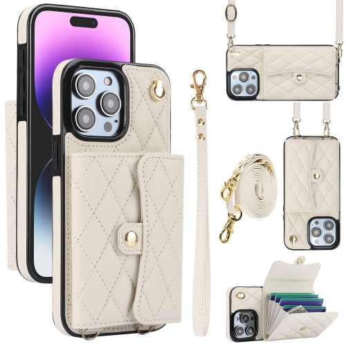 

For iPhone 15 Pro Max Crossbody Rhombic Horizontal Wallet Leather Phone Case(White)