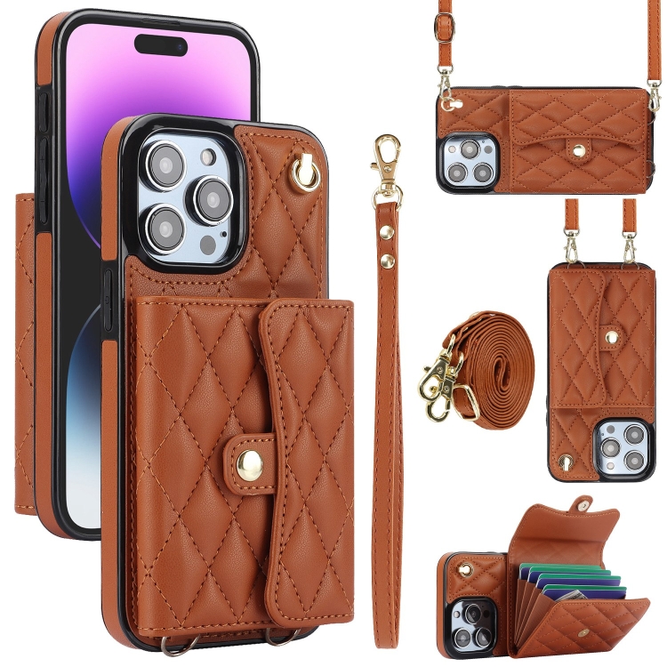 

For iPhone 15 Pro Crossbody Rhombic Horizontal Wallet Leather Phone Case(Brown)