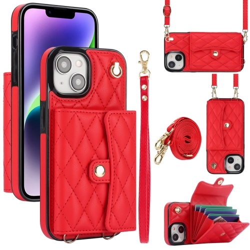 

For iPhone 15 Plus Crossbody Rhombic Horizontal Wallet Leather Phone Case(Red)