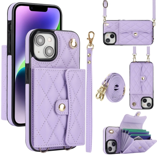 

For iPhone 14 Crossbody Rhombic Horizontal Wallet Leather Phone Case(Purple)