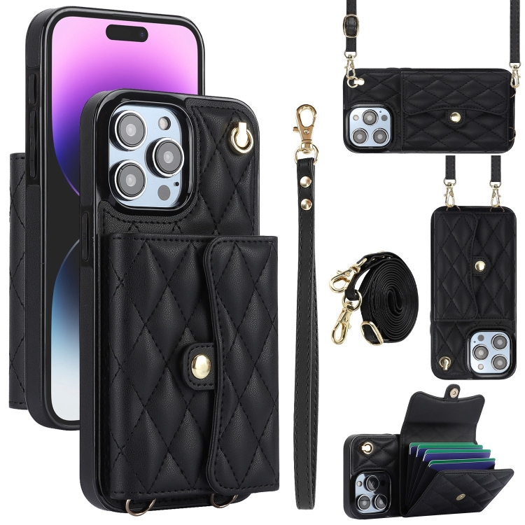 

For iPhone 14 Pro Crossbody Rhombic Horizontal Wallet Leather Phone Case(Black)