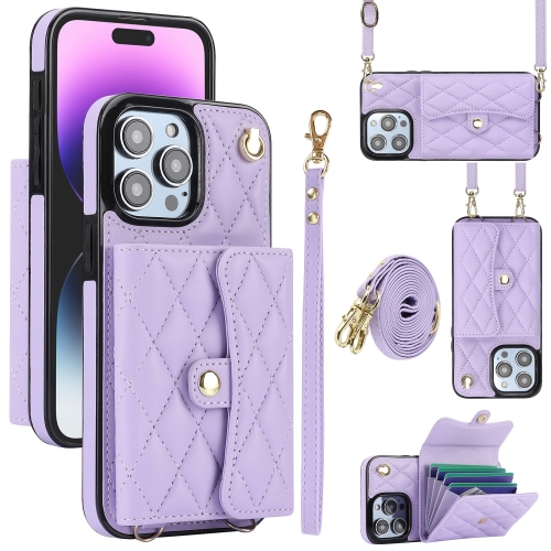 

For iPhone 14 Pro Max Crossbody Rhombic Horizontal Wallet Leather Phone Case(Purple)