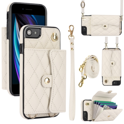 

For iPhone SE 2022 / 2020 / 8 / 7 Crossbody Rhombic Horizontal Wallet Leather Phone Case(White)