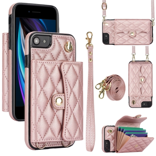 

For iPhone SE 2022 / 2020 / 8 / 7 Crossbody Rhombic Horizontal Wallet Leather Phone Case(Rose Gold)