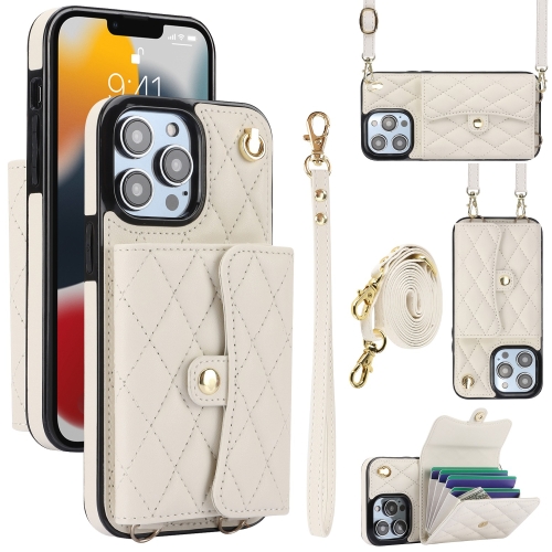 

For iPhone 13 Pro Max Crossbody Rhombic Horizontal Wallet Leather Phone Case(White)