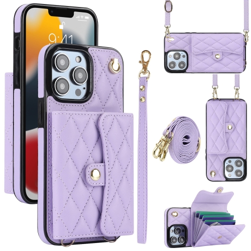 

For iPhone 13 Pro Crossbody Rhombic Horizontal Wallet Leather Phone Case(Purple)