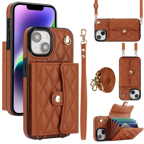 

For iPhone 13 Crossbody Rhombic Horizontal Wallet Leather Phone Case(Brown)