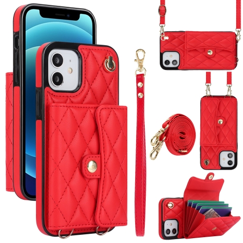 

For iPhone 12 mini Crossbody Rhombic Horizontal Wallet Leather Phone Case(Red)