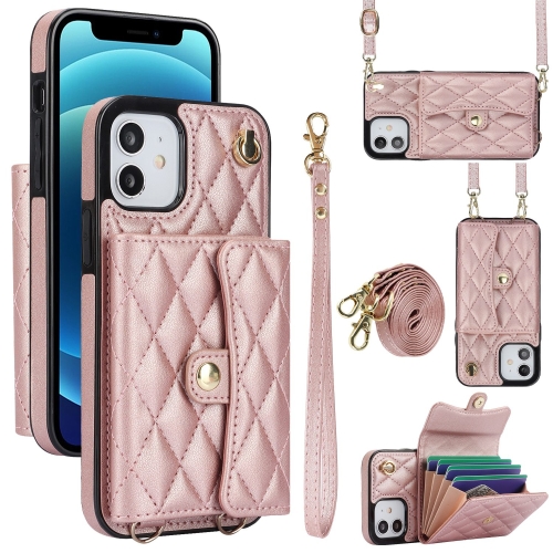 

For iPhone 12 mini Crossbody Rhombic Horizontal Wallet Leather Phone Case(Rose Gold)