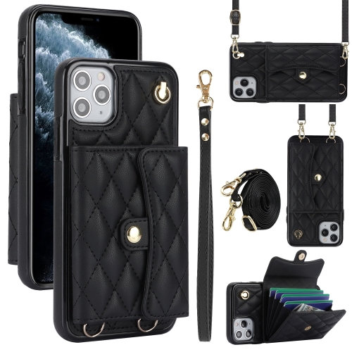 

For iPhone 12 Pro Max Crossbody Rhombic Horizontal Wallet Leather Phone Case(Black)