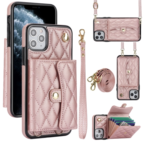 

For iPhone 12 Pro Max Crossbody Rhombic Horizontal Wallet Leather Phone Case(Rose Gold)