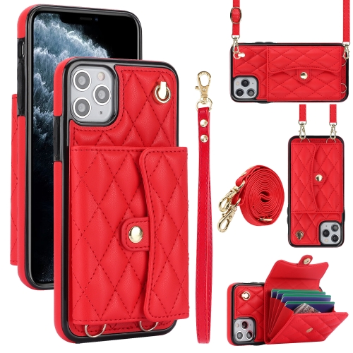 

For iPhone 12 / 12 Pro Crossbody Rhombic Horizontal Wallet Leather Phone Case(Red)