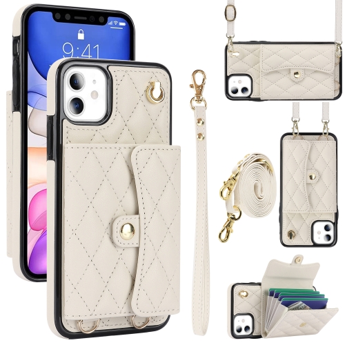 

For iPhone 11 Crossbody Rhombic Horizontal Wallet Leather Phone Case(White)