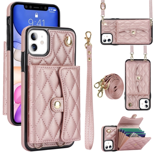 

For iPhone 11 Crossbody Rhombic Horizontal Wallet Leather Phone Case(Rose Gold)