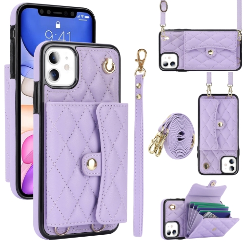 

For iPhone 11 Crossbody Rhombic Horizontal Wallet Leather Phone Case(Purple)