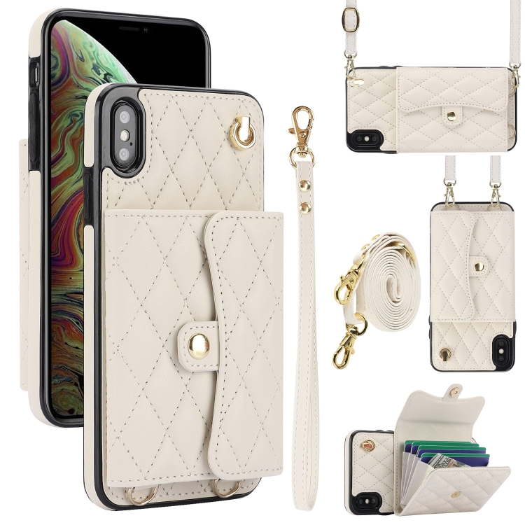 

For iPhone XR Crossbody Rhombic Horizontal Wallet Leather Phone Case(White)