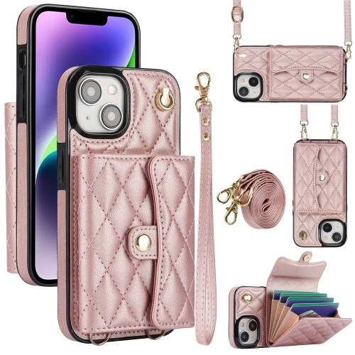 

For iPhone 13 mini Crossbody Rhombic Horizontal Wallet Leather Phone Case(Rose Gold)