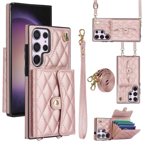 

For Samsung Galaxy S23 Ultra 5G Crossbody Rhombic Horizontal Wallet Leather Phone Case(Rose Gold)