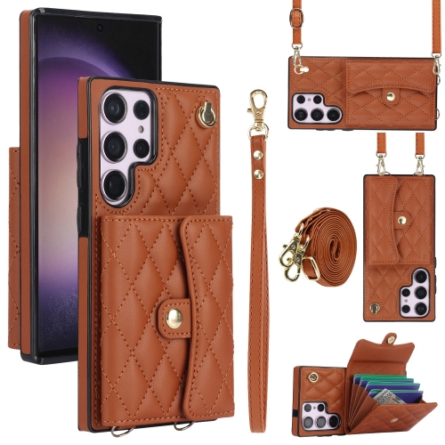 

For Samsung Galaxy S23 Ultra 5G Crossbody Rhombic Horizontal Wallet Leather Phone Case(Brown)