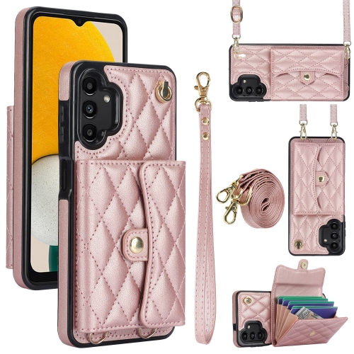 

For Samsung Galaxy A13 4G/5G Crossbody Rhombic Horizontal Wallet Leather Phone Case(Rose Gold)