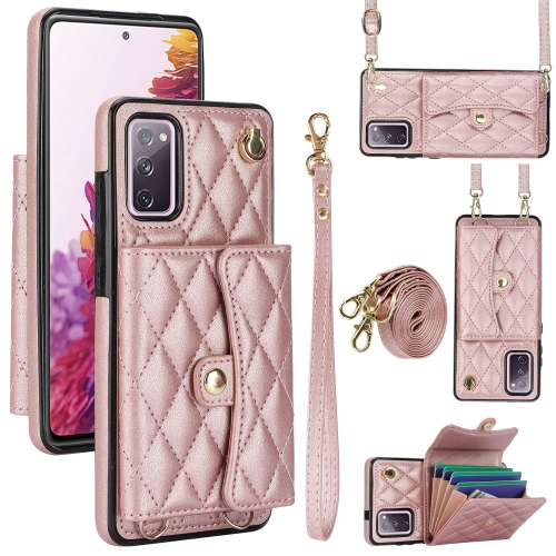 

For Samsung Galaxy S20 FE Crossbody Rhombic Horizontal Wallet Leather Phone Case(Rose Gold)