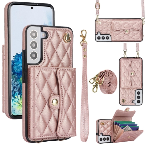 

For Samsung Galaxy S22 5G Crossbody Rhombic Horizontal Wallet Leather Phone Case(Rose Gold)