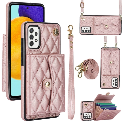 

For Samsung Galaxy A52 4G/5G Crossbody Rhombic Horizontal Wallet Leather Phone Case(Rose Gold)