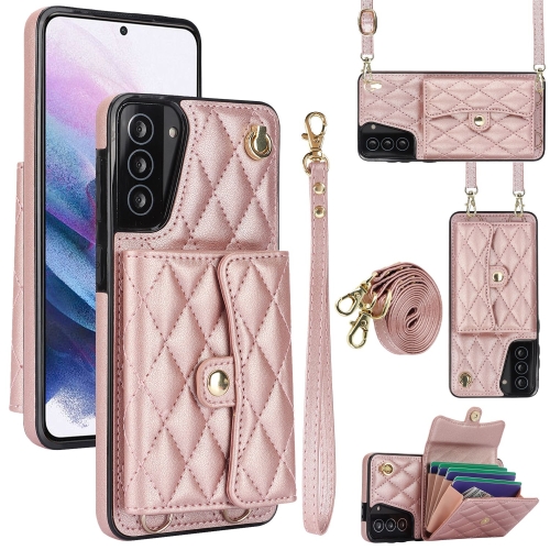 

For Samsung Galaxy S21 FE 5G Crossbody Rhombic Horizontal Wallet Leather Phone Case(Rose Gold)