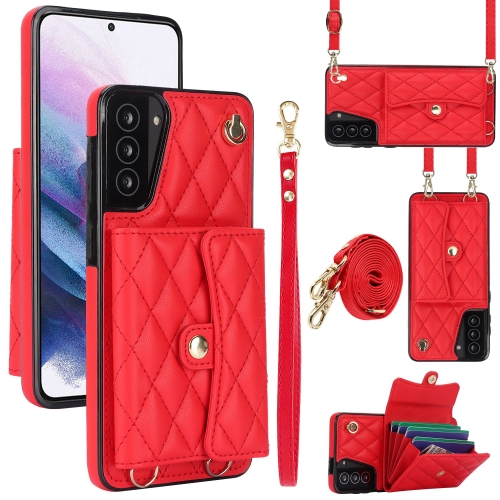 

For Samsung Galaxy S21 5G Crossbody Rhombic Horizontal Wallet Leather Phone Case(Red)