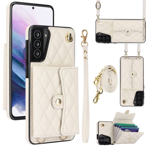 

For Samsung Galaxy S21+ 5G Crossbody Rhombic Horizontal Wallet Leather Phone Case(White)