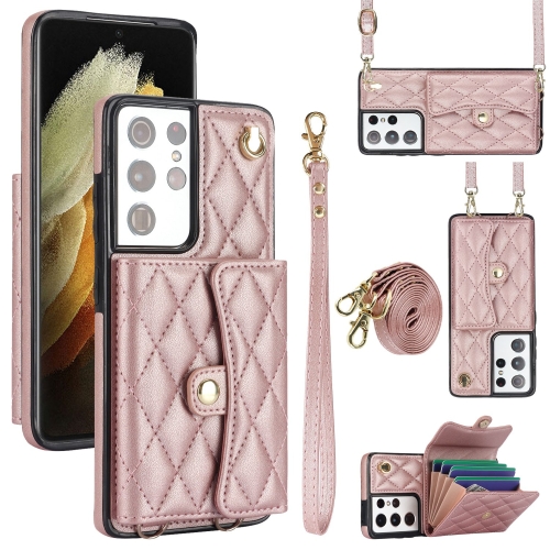 

For Samsung Galaxy S21 Ultra 5G Crossbody Rhombic Horizontal Wallet Leather Phone Case(Rose Gold)