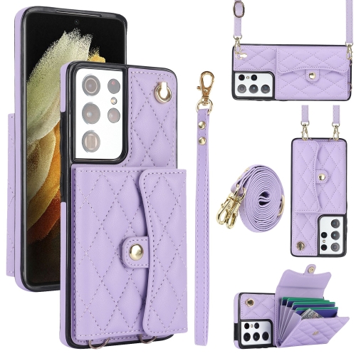 

For Samsung Galaxy S21 Ultra 5G Crossbody Rhombic Horizontal Wallet Leather Phone Case(Purple)