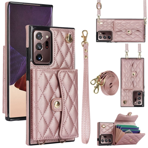 

For Samsung Galaxy Note20 Ultra Crossbody Rhombic Horizontal Wallet Leather Phone Case(Rose Gold)