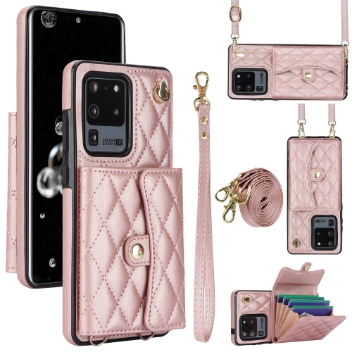

For Samsung Galaxy S20 Ultra Crossbody Rhombic Horizontal Wallet Leather Phone Case(Rose Gold)
