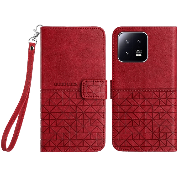 

For Xiaomi 13 Rhombic Texture Leather Phone Case with Lanyard(Red)