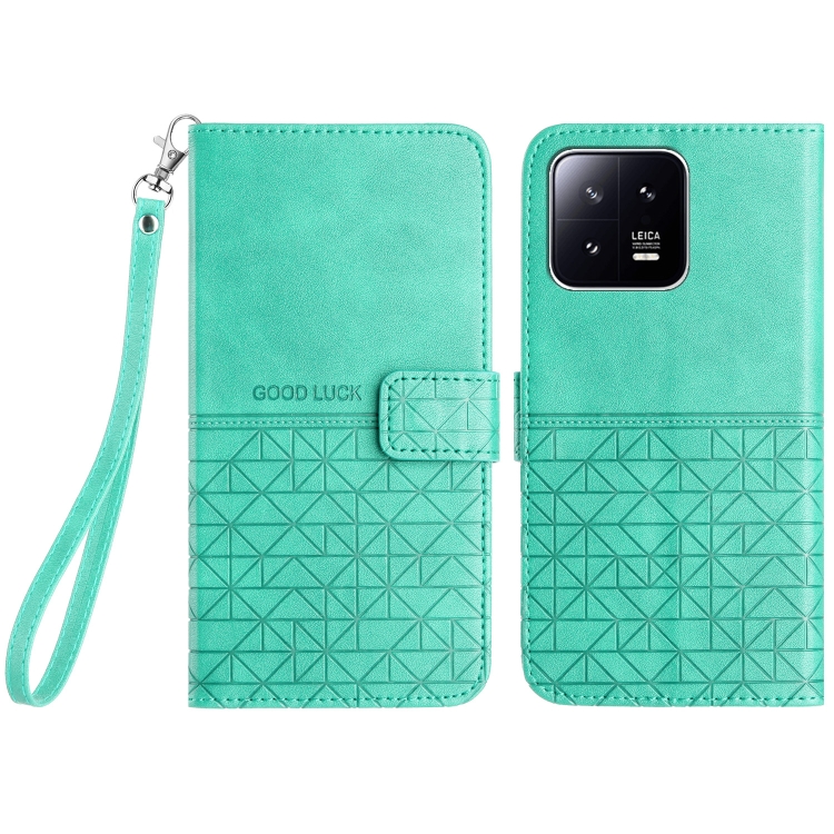 

For Xiaomi 13 Rhombic Texture Leather Phone Case with Lanyard(Green)