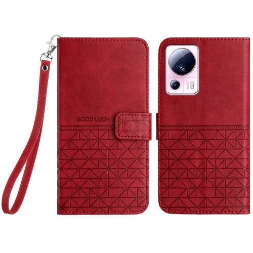 

For Xiaomi 13 Lite Rhombic Texture Leather Phone Case with Lanyard(Red)