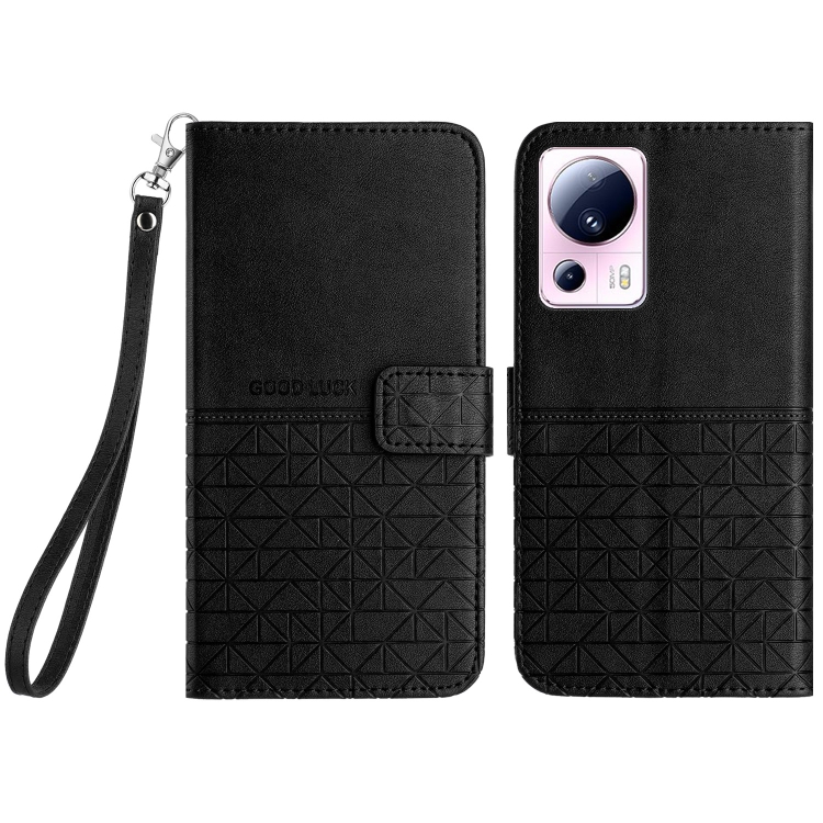 

For Xiaomi 13 Lite Rhombic Texture Leather Phone Case with Lanyard(Black)
