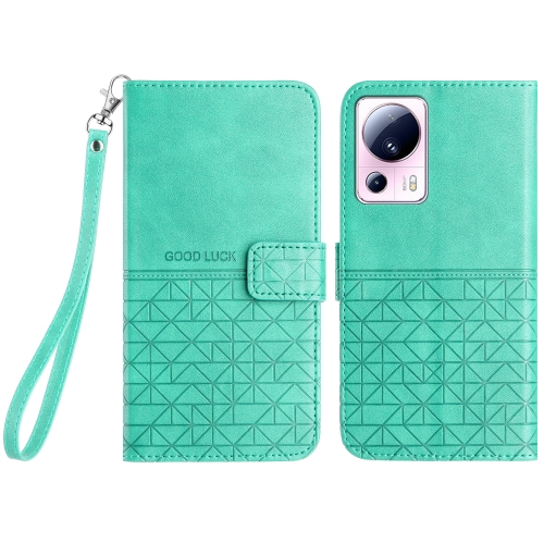 

For Xiaomi 13 Lite Rhombic Texture Leather Phone Case with Lanyard(Green)