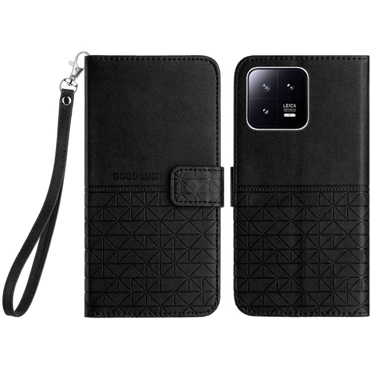 

For Xiaomi 13 Pro Rhombic Texture Leather Phone Case with Lanyard(Black)