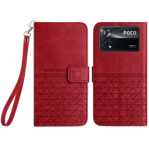 

For Xiaomi Poco X4 Pro 5G Rhombic Texture Leather Phone Case with Lanyard(Red)