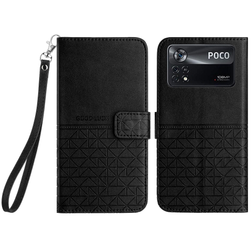

For Xiaomi Poco X4 Pro 5G Rhombic Texture Leather Phone Case with Lanyard(Black)