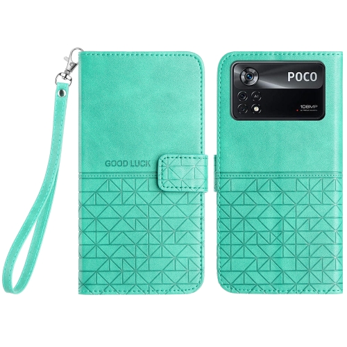 

For Xiaomi Poco X4 Pro 5G Rhombic Texture Leather Phone Case with Lanyard(Green)