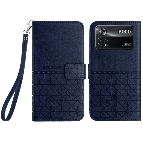 

For Xiaomi Poco X4 Pro 5G Rhombic Texture Leather Phone Case with Lanyard(Blue)