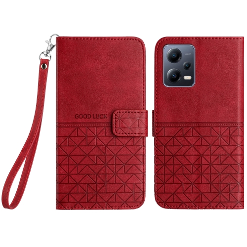 

For Xiaomi Redmi Note 12 5G Global Rhombic Texture Leather Phone Case with Lanyard(Red)