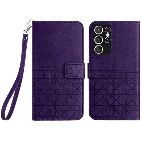 

For Samsung Galaxy S21 Ultra 5G Rhombic Texture Leather Phone Case with Lanyard(Purple)