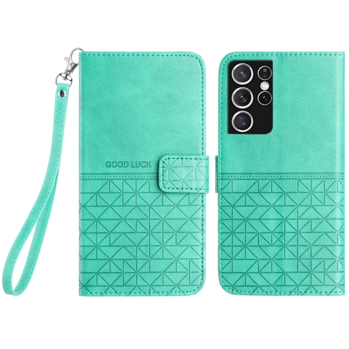 For Samsung Galaxy S21 Ultra 5G Rhombic Texture Leather Phone Case with Lanyard(Green)